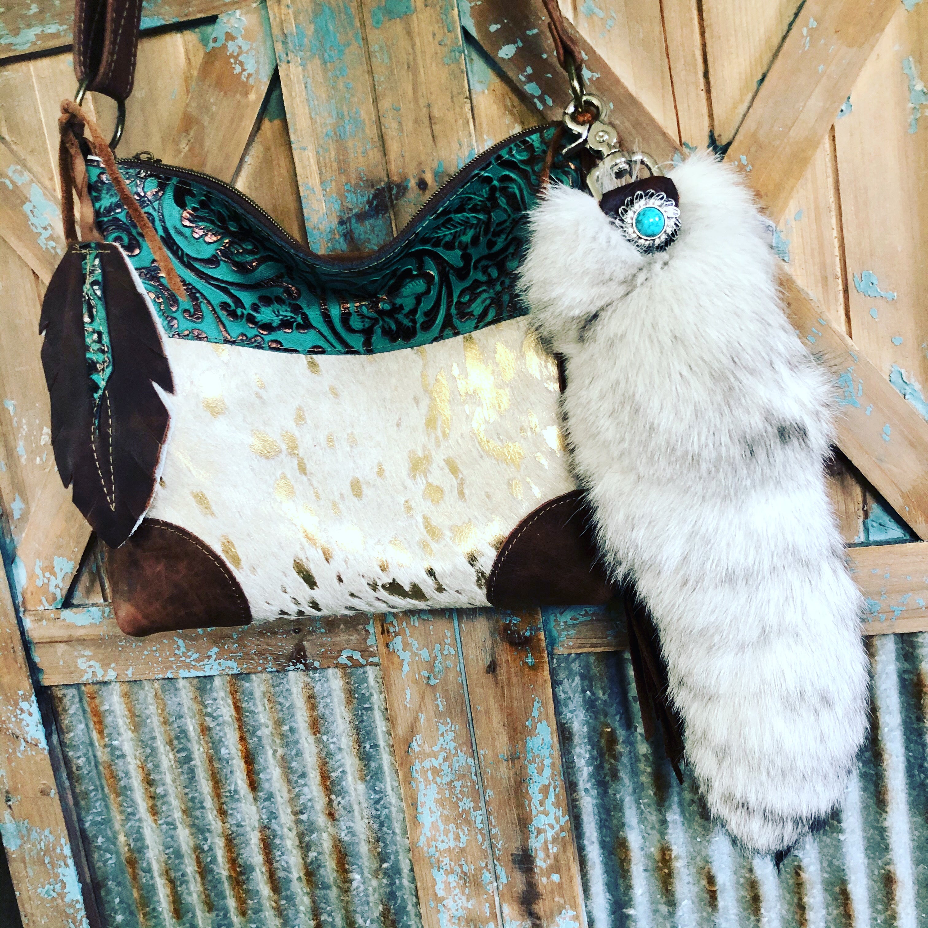 SHIPS TODAY Fox Tail Bag Charm w/ Feather & Turquoise Concho