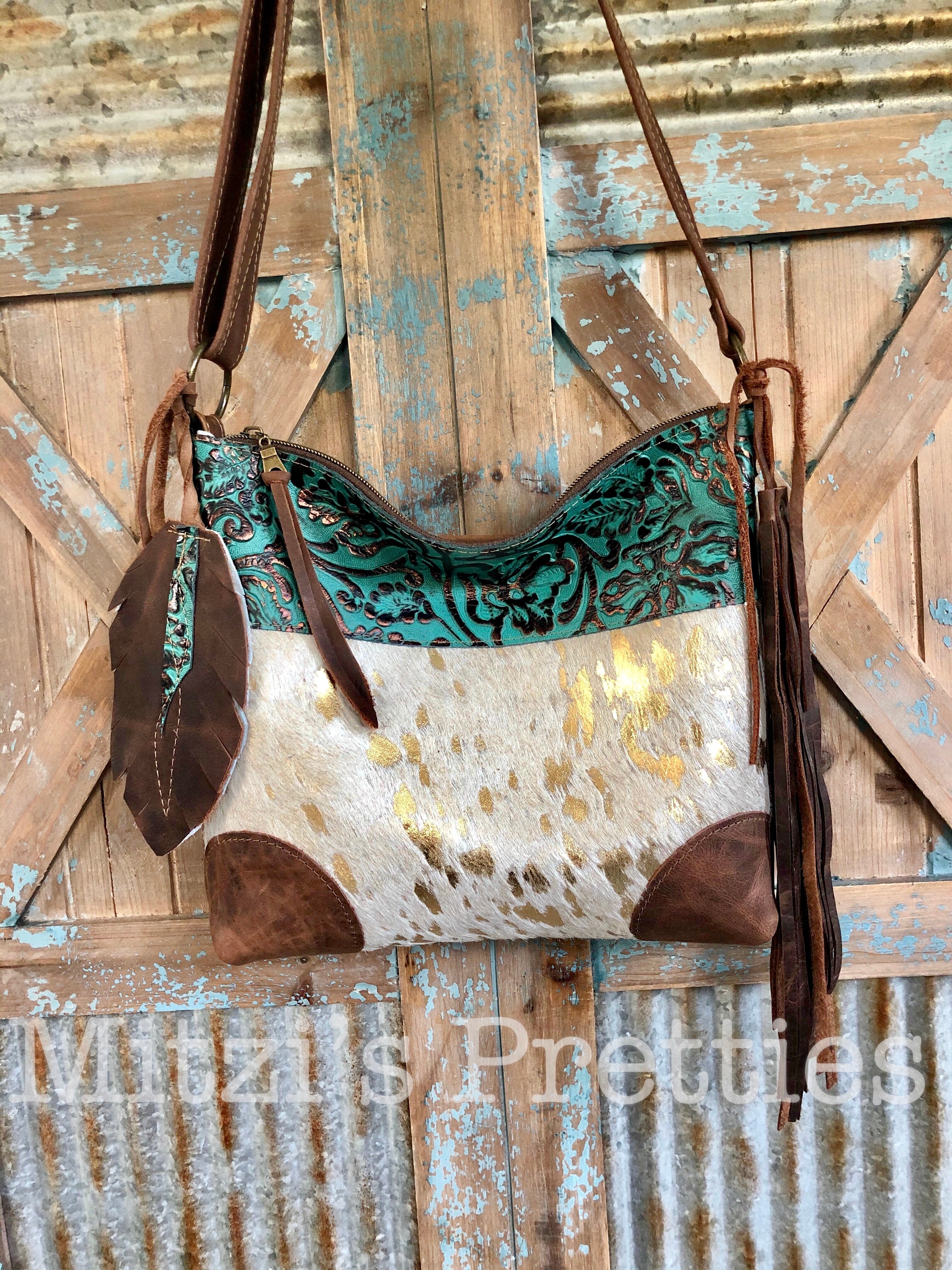 RED Cowhide Haired Gold Speckled Acid Wash Tooled Leather Western buy Crossbody