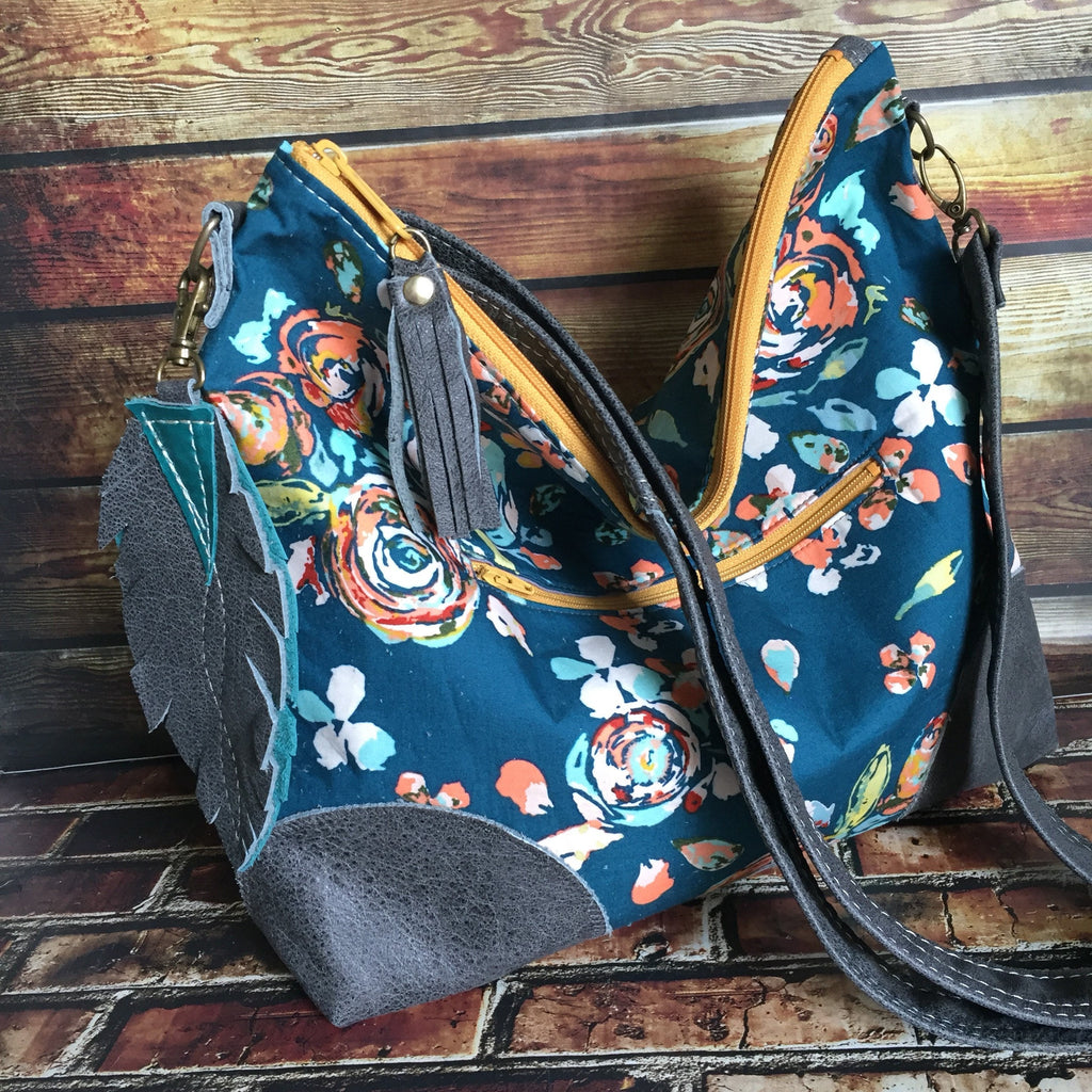MADE TO Order Slouchy Floral Hobo w/ Water Buffalo Leather, Feather & Crossbody Strap