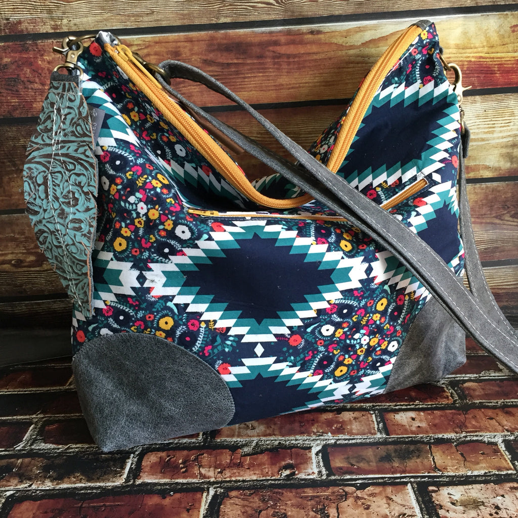 MADE TO ORDER Slouchy Hobo w/ Genuine Leather Patches, Feather & Crossbody Strap