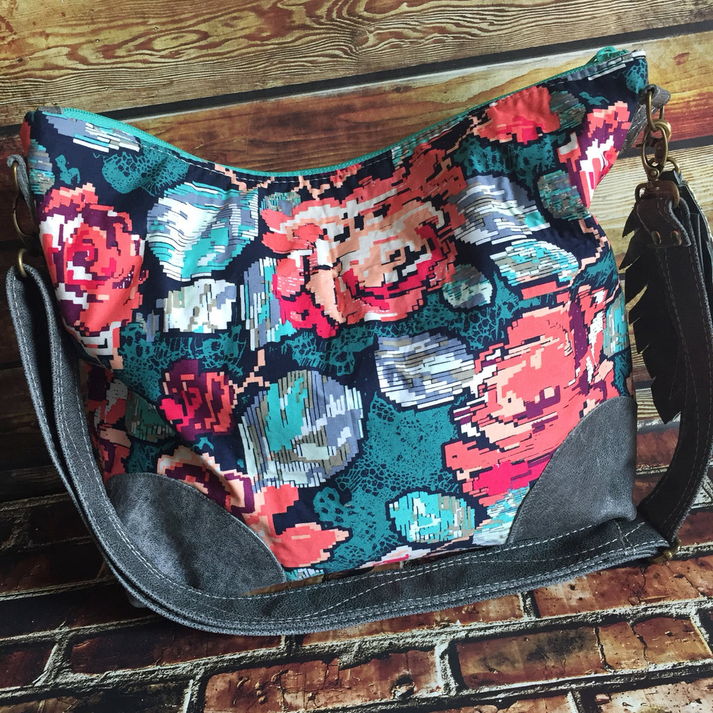 MADE TO ORDER Slouchy Floral Hobo w/ Water Buffalo Leather, Feather & Crossbody Strap