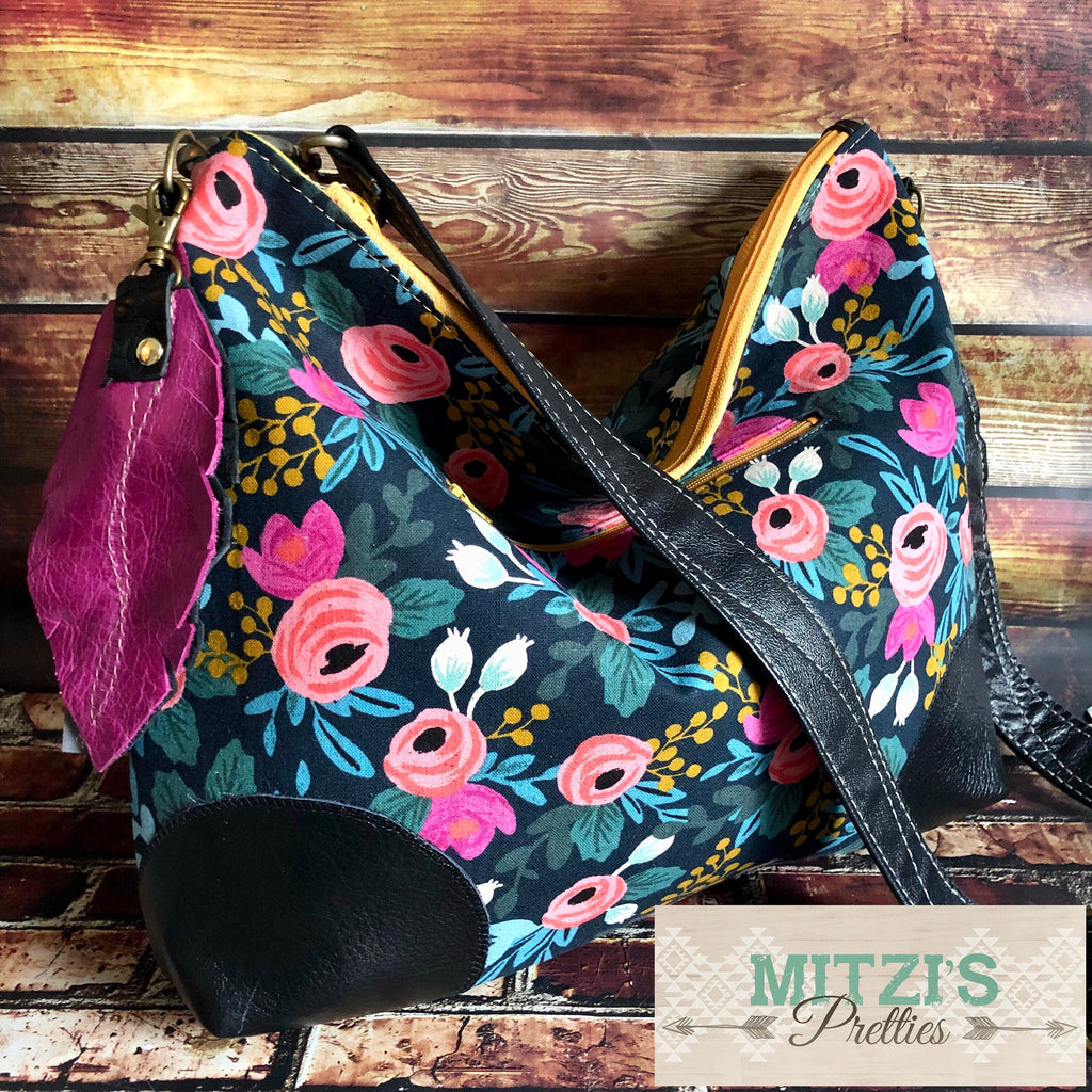 MADE TO ORDER Slouchy Floral Hobo w/ Genuine Leather, Feather & Crossbody Strap