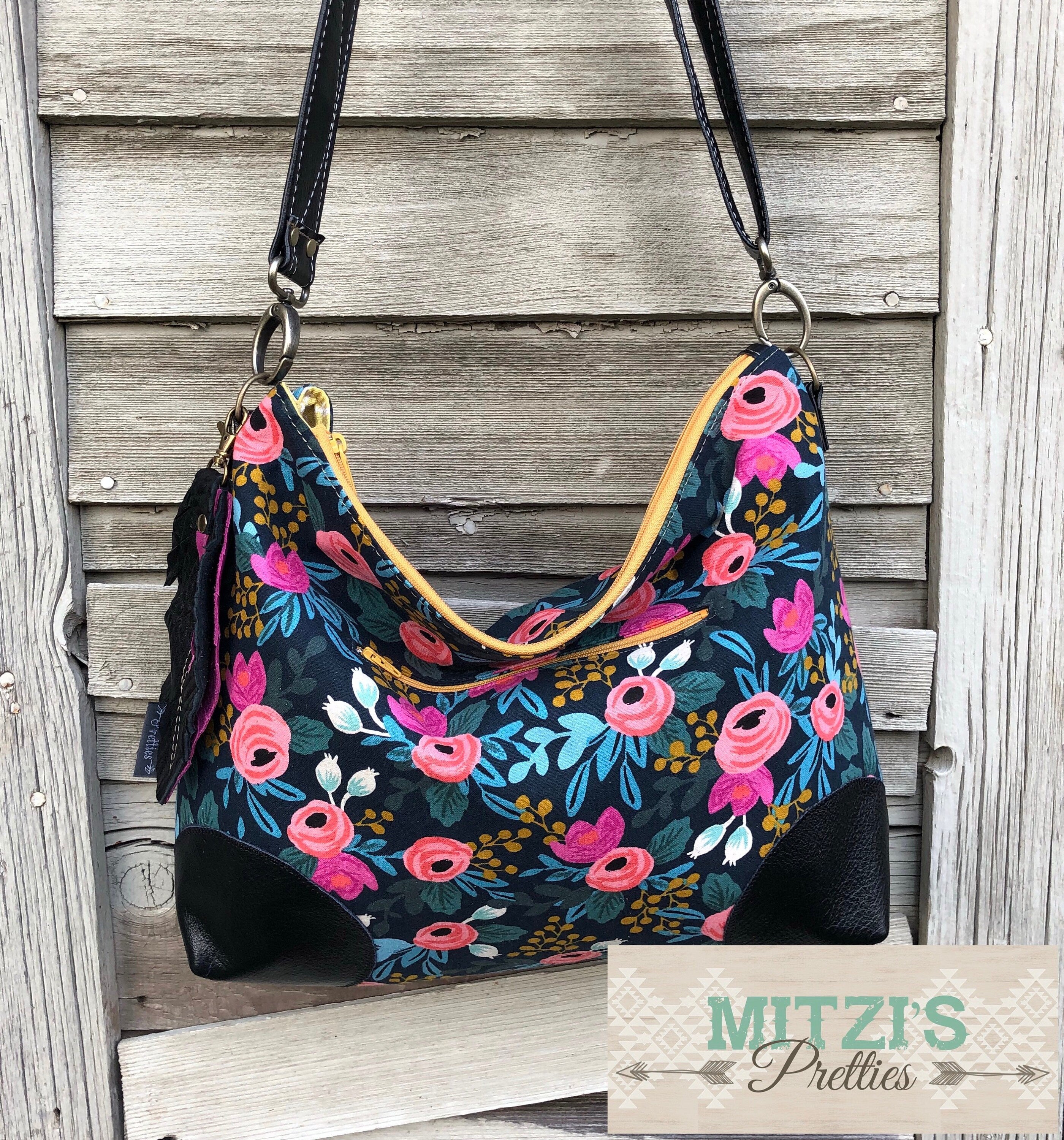 MADE TO ORDER Slouchy Floral Hobo w/ Genuine Leather, Feather & Crossbody Strap