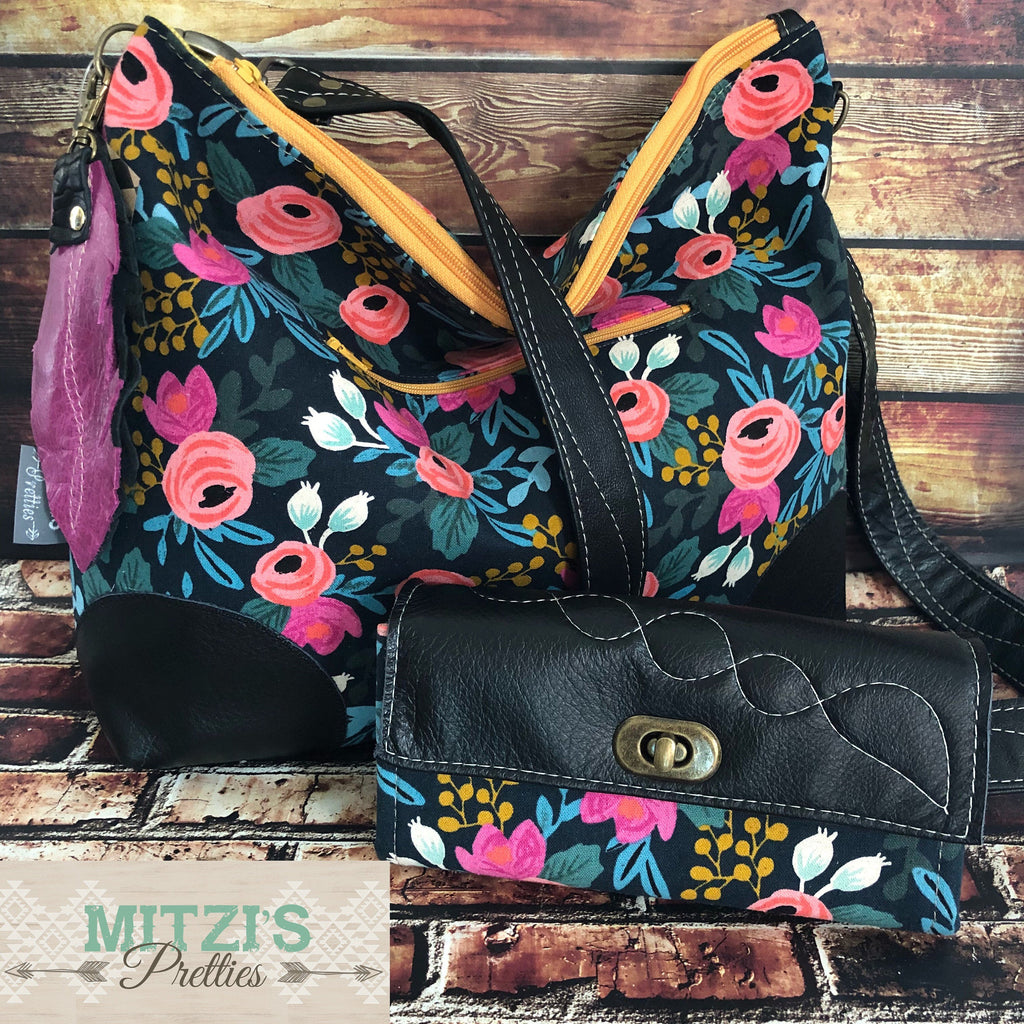 MADE TO ORDER Slouchy Floral Hobo w/ Genuine Leather, Feather & Crossbody Strap
