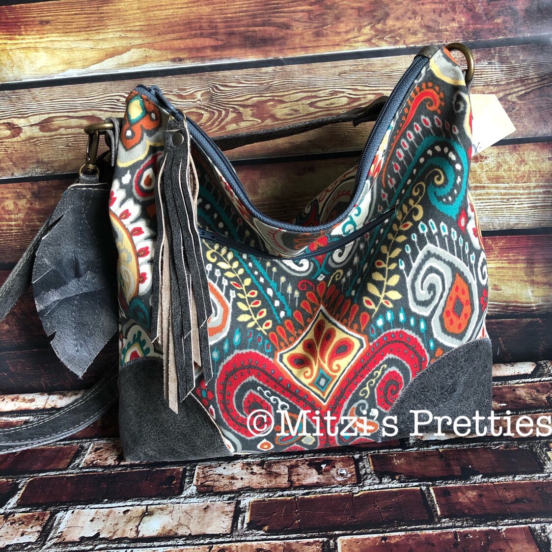 MADE TO ORDER Slouchy Hobo w/ Genuine Leather, Feather & Crossbody Strap