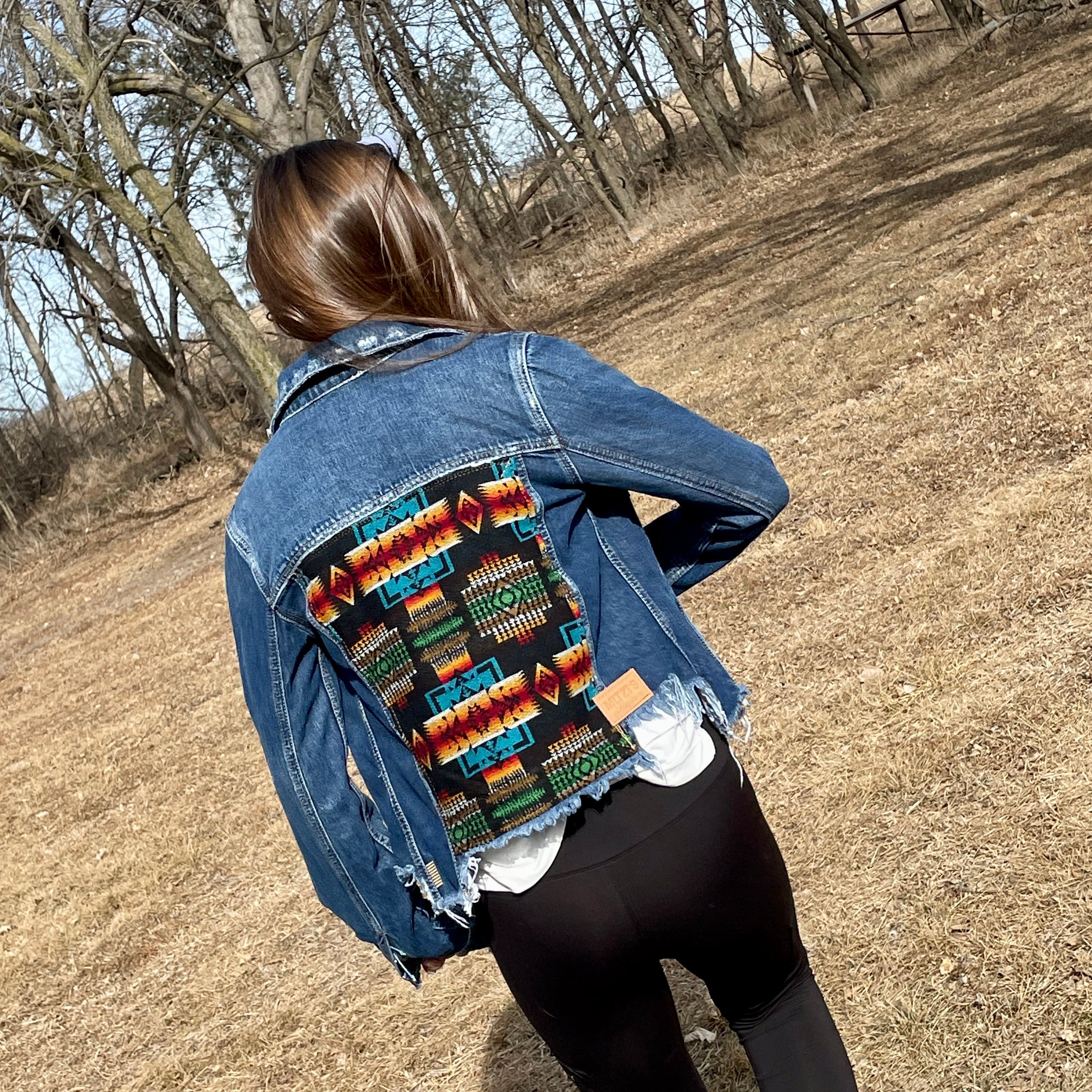 Denim jacket, new without tags, Gap, good size Medium, enhanced with Pendleton® wool in brilliant scarlet, ivory, turquoise, gold, and black.