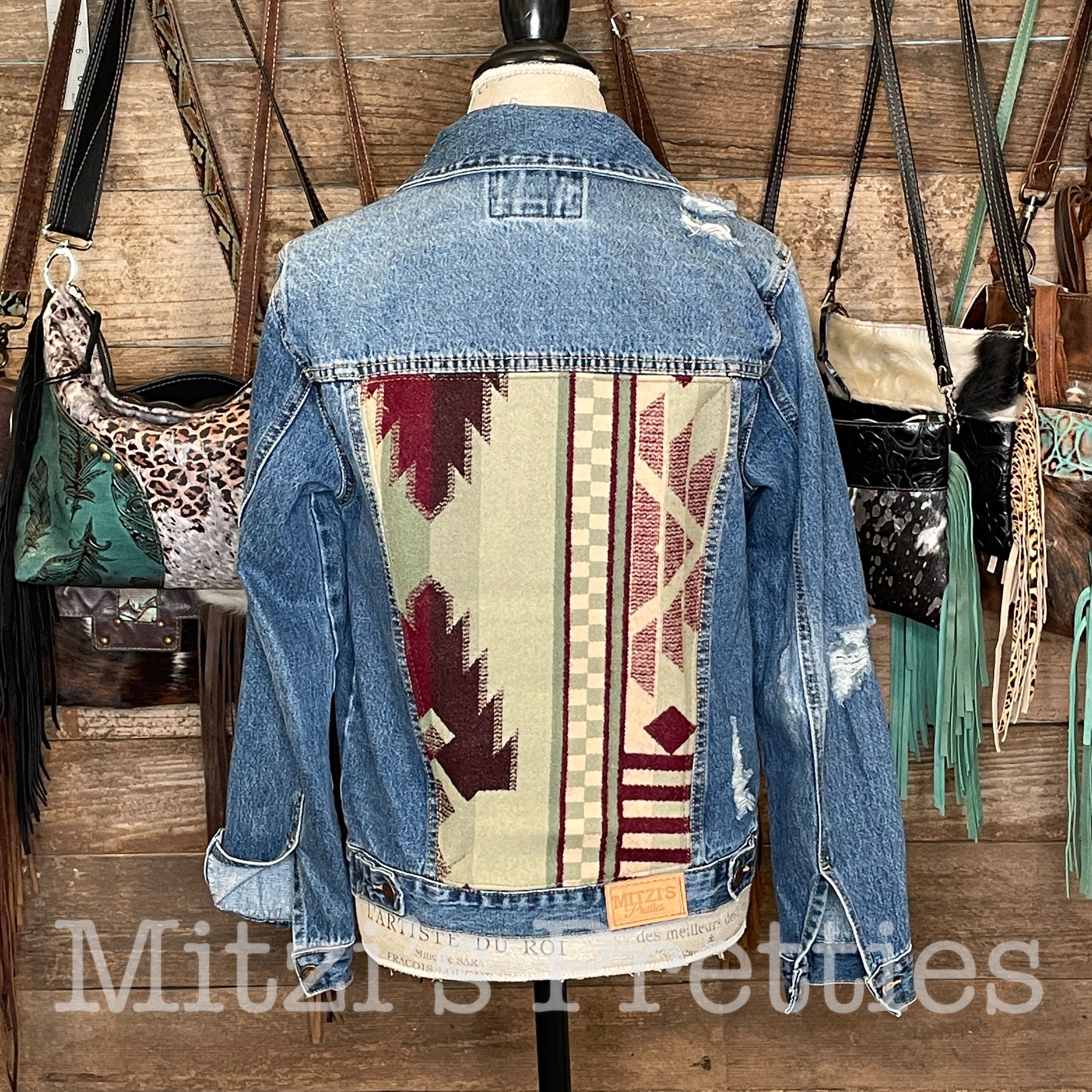 Denim jacket, NWOT, Gap, size Medium, enhanced with Pendleton® wool in gorgeous berry red, burgundy, ivory, sky store blue, turquoise, chocolate