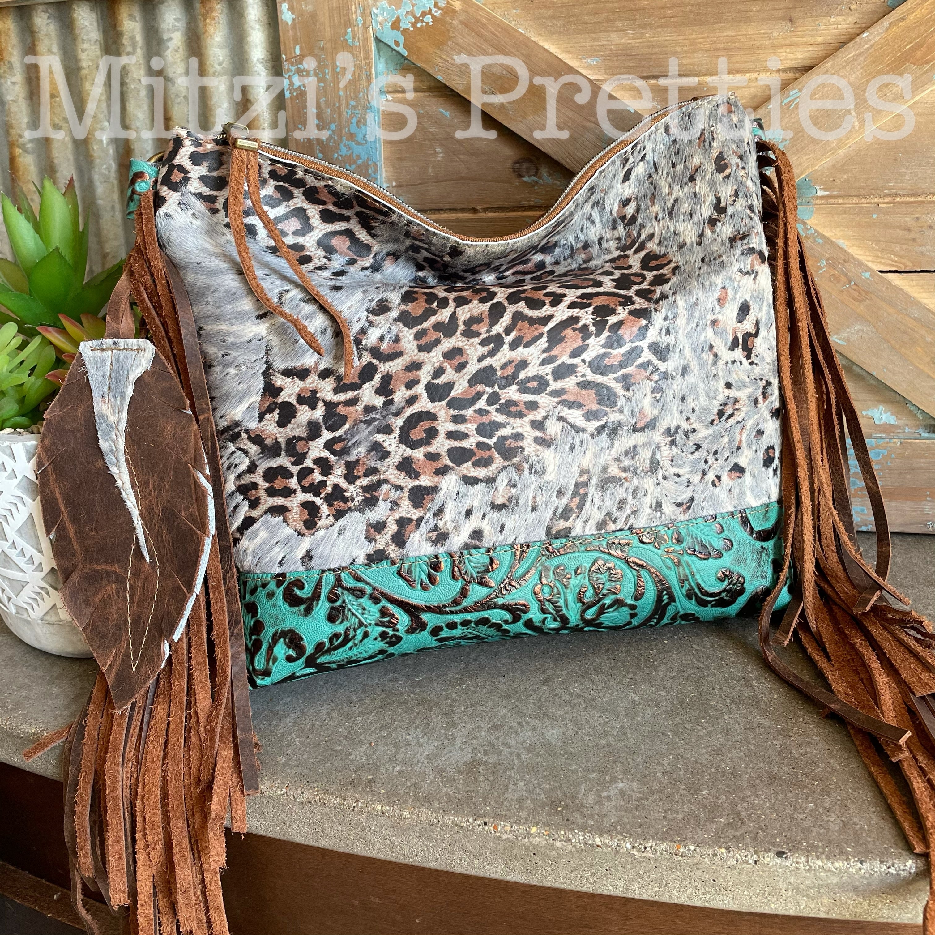 Acid Wash Cowhide Leopard and Fringe Bag